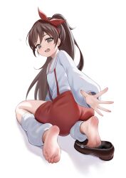 1girl absurdres barefoot brown_hair feet hair_ribbon highres j.c.14 loafers long_sleeves looking_at_viewer looking_back loose_socks open_mouth original ponytail red_ribbon ribbon shoes simple_background socks soles toes white_background white_socks