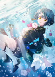 Rule 34 | 1boy, air bubble, blue hair, blue shorts, boots, brooch, bubble, chinese clothes, commentary, commentary request, earrings, flower, frilled shirt collar, frilled sleeves, frills, genshin impact, high heels, highres, holding, holding flower, jacket, jewelry, leaf, long coat, long sleeves, looking at viewer, male focus, mnmn3 ao, open mouth, ribbon, short hair, shorts, single earring, smile, solo, submerged, symbol-only commentary, tassel, tassel earrings, underwater, vision (genshin impact), water, white flower, xingqiu (genshin impact), yellow eyes