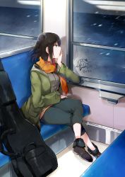 Rule 34 | 1girl, black footwear, black pants, black shirt, breasts, brown eyes, brown hair, green jacket, highres, jacket, kantai collection, long sleeves, nagihashi koko, official alternate costume, open clothes, open jacket, orange scarf, pants, scarf, sendai (kancolle), shirt, shoes, sitting, small breasts, solo, train interior, two side up, window