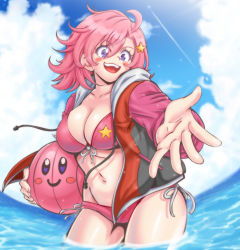 Rule 34 | 1girl, :d, absurdres, ahoge, ball, beachball, bikini, blue eyes, blush stickers, breasts, cleavage, front-tie bikini top, front-tie top, highres, jacket, kirby, kirby (series), lewdamone, nintendo, open mouth, outstretched hand, personification, pink bikini, pink hair, short hair, side-tie bikini bottom, smile, solo, star (symbol), star print, swimsuit