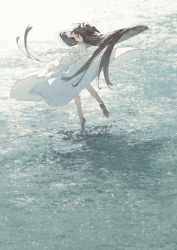 Rule 34 | 1girl, black hair, blush, closed eyes, closed mouth, dancing, day, dress, facing away, from behind, highres, long hair, original, potg (piotegu), scenery, shadow, shoes, signature, solo, very long hair, water, water world, white dress, white theme