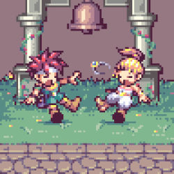 Rule 34 | artist request, bell, belt, blonde hair, boots, chrono trigger, crono (chrono trigger), closed eyes, headband, jewelry, lowres, marle (chrono trigger), necklace, pixel art, ponytail, sandals, square enix