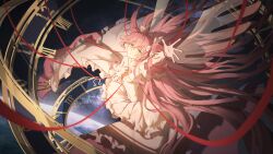 1girl absurdres arm_up breasts cleavage_cutout clothing_cutout dress earth_(planet) feet_out_of_frame floating_hair frilled_dress frills from_above gloves highres kaname_madoka libra_(symbol) long_dress long_hair long_sleeves looking_at_viewer mahou_shoujo_madoka_magica mahou_shoujo_madoka_magica_(anime) milky_way outstretched_hand pink_hair planet roman_numeral sky small_breasts solo space star_(sky) starry_sky string two_side_up very_long_hair virgo_(symbol) white_dress white_gloves white_wings wings xiamianhaiya yellow_eyes zodiac_wheel