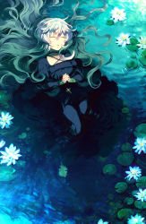 1girl barefoot black_dress closed_eyes cross cross_necklace dress female_focus flower highres in_water jewelry lily_pad long_hair lotus necklace ophelia_(painting) own_hands_clasped own_hands_together parted_lips partially_submerged solo sunakumo water_lily_flower white_hair