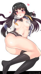 Rule 34 | 10s, 1girl, 2015, ass, bad id, bad pixiv id, black hair, black socks, blush, breasts, covering nipples, covering privates, dated, full-face blush, gloves, hair ribbon, heart, heart-shaped pupils, heavy breathing, highres, isokaze (kancolle), kantai collection, kneehighs, kuro chairo no neko, large breasts, long hair, looking at viewer, miniskirt, no bra, open clothes, open shirt, pleated skirt, red eyes, ribbon, school uniform, serafuku, shirt, simple background, single kneehigh, single sock, single thighhigh, skirt, socks, solo, symbol-shaped pupils, thighhighs, twitter username, white background, white gloves