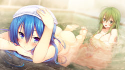 Rule 34 | 2girls, all fours, aristear remain, ass, barefoot, bent over, blue eyes, blue hair, blush, breasts, cleavage, feet, furukawa mai, game cg, green hair, ichinose anzu, large breasts, long hair, looking at viewer, multiple girls, nude, rozea (graphmelt), sitting, smile, towel, water