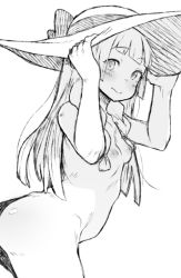 Rule 34 | 1girl, adjusting clothes, adjusting headwear, arched back, blush, bow, braid, breasts, collagen, cowboy shot, creatures (company), female focus, from side, game freak, greyscale, hands up, hat, hat bow, lillie (pokemon), long hair, looking at viewer, monochrome, nintendo, nipples, nude, pokemon, pokemon sm, shiny skin, simple background, small breasts, solo, standing, sun hat, twin braids, white background