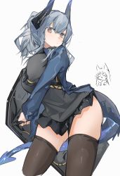 Rule 34 | 2girls, arknights, black legwear, black shirt, black skirt, blue hair, blue jacket, chibi, chibi inset, commentary request, cowboy shot, dragon girl, dragon horns, dragon tail, franka (arknights), grey hair, highres, holding, holding shield, horns, jacket, liskarm (arknights), looking at viewer, mikozin, multicolored hair, multiple girls, open clothes, open jacket, orange eyes, ponytail, shield, shirt, simple background, skirt, solo focus, streaked hair, tail, thighs, white background