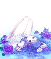 Rule 34 | 1girl, anklet, aseton, bad id, bad pixiv id, bare legs, barefoot, blue eyes, blue hair, dress, feet, flower, frilled dress, frills, hair flower, hair ornament, hydrangea, jewelry, legs, long hair, looking at viewer, lying, matching hair/eyes, on back, original, sleeveless, sleeveless dress, smile, solo, upside-down, water, wet, wet clothes, wrist cuffs