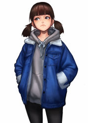 Rule 34 | 1girl, black eyes, black pantyhose, blue jacket, blunt bangs, breast pocket, brown hair, buttons, closed mouth, cowboy shot, denim, denim jacket, expressionless, hands in pockets, highres, hood, hooded jacket, jacket, jungon kim, light frown, long sleeves, looking to the side, open clothes, open jacket, original, pantyhose, pocket, shirt pocket, simple background, solo, standing, twintails, white background