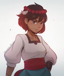 Rule 34 | 1girl, ajna (indivisible), beads, bracelet, brown hair, dark skin, dark-skinned female, hair ornament, hand on own hip, indivisible, jewelry, koyorin, looking at viewer, sash, short hair, smile, solo, upper body