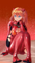 Rule 34 | 1girl, absurdres, arm support, artist request, ass, blue eyes, bodysuit, breasts, brown hair, evangelion: 3.0+1.0 thrice upon a time, full body, hair between eyes, hair ornament, highres, interface headset, legs together, long hair, looking to the side, medium breasts, neon genesis evangelion, pilot suit, plugsuit, rebuild of evangelion, red background, red bodysuit, sitting, smile, solo, souryuu asuka langley, torn bodysuit, torn clothes, twintails, two side up, very long hair