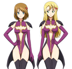Rule 34 | 2girls, absurdres, bat hair ornament, black thighhighs, blonde hair, blue eyes, breasts, brown hair, cape, cleavage, closed mouth, code geass, elbow gloves, gloves, green eyes, hair ornament, hand on own hip, highres, large breasts, liliana vergamon, long hair, looking at another, looking at viewer, marika soresi, multiple girls, pilot suit, purple gloves, short hair, simple background, small breasts, smile, thighhighs, uechan94, white background