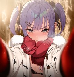 Rule 34 | 1girl, alternate costume, black bra, blue eyes, blue hair, blunt bangs, blurry, blurry background, blush, bra, breasts, christmas lights, coat, duffel coat, fur-trimmed coat, fur-trimmed hood, fur-trimmed scarf, fur trim, gloves, hair between eyes, hair ribbon, highres, hololive, hood, hoshimachi suisei, jewelry, lingerie, looking at viewer, meme, mittens, open clothes, open coat, open mouth, pov, pov cheek warming (meme), reaching, reaching towards viewer, red gloves, red mittens, red scarf, ribbon, scarf, short twintails, sidelocks, skirt, small breasts, snow, snowing, solo, star (symbol), star in eye, symbol in eye, twintails, underboob, underwear, virtual youtuber, white coat, winter clothes, winter coat, winter gloves, yozora (1wkdgusdn)