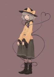 Rule 34 | 1girl, :d, black hat, blouse, blush, bow, brown background, buttons, closed eyes, commentary, diamond button, facing to the side, frilled shirt collar, frills, full body, green hair, green skirt, hat, hat bow, heart, heart of string, highres, komeiji koishi, long sleeves, medium hair, nose blush, open mouth, shiratama (hockey), shirt, simple background, skirt, skirt hold, smile, solo, standing, teeth, third eye, touhou, upper teeth only, wide sleeves, yellow bow, yellow shirt