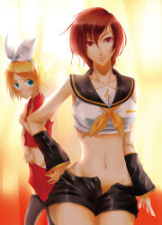 Rule 34 | 2girls, bad id, bad pixiv id, blonde hair, blue eyes, blush, breasts, cosplay, costume switch, detached sleeves, female focus, hip focus, ihara natsume, kagamine rin, kagamine rin (cosplay), large breasts, meiko (cosplay), meiko (vocaloid), midriff, multiple girls, navel, oversized clothes, panties, red eyes, red hair, short hair, short shorts, shorts, undersized clothes, underwear, vocaloid, wide hips