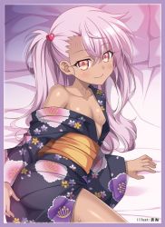 Rule 34 | 1girl, aoi masami, ass, bad id, bad twitter id, bare shoulders, bed, breasts, brown eyes, chloe von einzbern, collarbone, dark-skinned female, dark skin, fate/kaleid liner prisma illya, fate (series), floral print, from behind, hand on own ass, highres, japanese clothes, kimono, long hair, looking back, lying, no bra, obi, off shoulder, on side, pillow, pink hair, sash, side ponytail, small breasts, solo, sweat, yukata