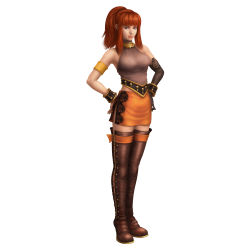 Rule 34 | 1girl, 3d, absurdres, armband, bare shoulders, breasts, female focus, full body, gloves, grey eyes, hands on own hips, highres, karin koenig, long hair, miniskirt, official art, ponytail, red hair, shadow hearts, shadow hearts ii, simple background, skirt, solo, thighhighs, white background