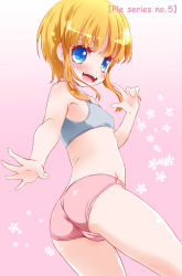 Rule 34 | 1girl, ass, bare shoulders, blue eyes, blush, flat chest, from behind, gundam, highres, looking at viewer, looking down, noto (soranoto), open mouth, orange hair, panties, puru five, shiny skin, shirt, short hair, smile, solo, underwear