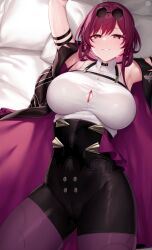 Rule 34 | 1girl, armpits, arms up, bed sheet, black coat, breasts, cleavage, cleavage cutout, clothing cutout, coat, highres, honkai: star rail, honkai (series), izulizuru, kafka (honkai: star rail), large breasts, looking at viewer, lying, on back, open clothes, open coat, pantyhose, pillow, purple coat, purple eyes, purple hair, purple pantyhose, smile, solo, sweat, thighs, two-sided coat, two-sided fabric, wing collar