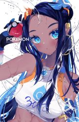 Rule 34 | 1girl, armband, armlet, blue eyes, blue hair, blush, breasts, closed mouth, commentary, copyright name, creatures (company), crop top, dark-skinned female, dark skin, ear piercing, earrings, eyelashes, forehead, game freak, hair bobbles, hair ornament, highres, holding, holding poke ball, hoop earrings, jewelry, light blue hair, long hair, looking at viewer, medium breasts, multicolored hair, necklace, nessa (pokemon), nintendo, parted bangs, piercing, poke ball, poke ball (basic), pokemon, pokemon swsh, sakurato remi, simple background, sleeveless, solo, straight hair, twitter username, two-tone hair, upper body, water, water drop, white background