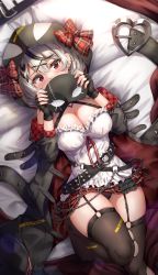 Rule 34 | 1girl, absurdres, animal hood, bed, bed sheet, belt, black belt, black gloves, black jacket, black panties, black thighhighs, blush, bow, breasts, buckle, camisole, caution, chain, cleavage, covered mouth, earrings, eye mask, fingerless gloves, from above, garter straps, gloves, hands up, heart, heart-shaped buckle, highres, holding, holding mask, hololive, hood, jacket, jewelry, knee up, kuria (clear trip second), large breasts, looking at viewer, lying, mask, miniskirt, multiple belts, multiple earrings, nail polish, off shoulder, on back, on bed, orca hood, panties, pantyshot, plaid, plaid bow, plaid skirt, pussy juice, red eyes, red nails, red skirt, sakamata chloe, skirt, solo, thighhighs, torn clothes, torn thighhighs, underwear, virtual youtuber, white camisole