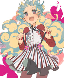 Rule 34 | + +, 00s, 1girl, blue hair, cross-shaped pupils, linaria (ookinahitomi), long hair, multicolored hair, nail polish, nia teppelin, open mouth, skirt, smile, solo, striped clothes, striped skirt, suspender skirt, suspenders, symbol-shaped pupils, tengen toppa gurren lagann, two-tone hair