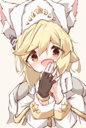 Rule 34 | 1girl, :d, animal ear fluff, animal ears, animal hands, black gloves, blonde hair, blush, brown background, cape, fake animal ears, fingerless gloves, fur hat, girls&#039; frontline, gloves, hair between eyes, hands up, hat, highres, long sleeves, looking at viewer, matsuo (matuonoie), nagant revolver (girls&#039; frontline), nagant revolver (mod3) (girls&#039; frontline), open mouth, red eyes, shirt, simple background, single glove, smile, solo, steepled fingers, white cape, white hat, white shirt
