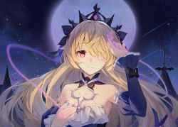Rule 34 | 1girl, absurdres, aimh, blonde hair, blue sleeves, closed mouth, collarbone, crown, detached collar, detached sleeves, eyepatch, fischl (ein immernachtstraum) (genshin impact), fischl (genshin impact), floating hair, full moon, genshin impact, highres, juliet sleeves, long hair, long sleeves, looking at viewer, moon, night, pink ribbon, puffy sleeves, red eyes, ribbon, solo, tiara, upper body, very long hair