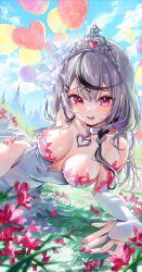 Rule 34 | 1girl, balloon, bare shoulders, black hair, braid, breasts, bridal gauntlets, bridal veil, collar, commentary request, covered navel, dress, ear piercing, flower, grey hair, hair ornament, hairclip, hand on own ass, heart balloon, heart pendant, highres, hololive, large breasts, long hair, looking at viewer, lying, misekiss, multicolored hair, open mouth, outdoors, piercing, red eyes, red flower, red nails, sakamata chloe, side slit, solo, streaked hair, tiara, veil, virtual youtuber, wedding dress, white collar, white dress, x hair ornament