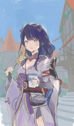 Rule 34 | 1girl, :t, breasts, building, closed mouth, coin purse, commentary request, cup, day, disposable cup, eating, food, genshin impact, hair ornament, highres, holding, holding cup, japanese clothes, long hair, mare6ns, medium breasts, nail polish, outdoors, purple eyes, purple hair, purple nails, raiden shogun, skewer, sky, solo, stairs, very long hair, wide sleeves