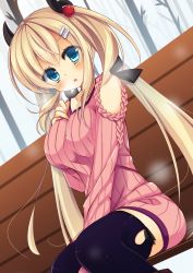 Rule 34 | 1girl, bare shoulders, bench, black thighhighs, blonde hair, blue eyes, blush, breast suppress, breasts, dutch angle, fang, hair ornament, hair ribbon, hairclip, highres, humuyun, long hair, looking at viewer, open mouth, original, ribbed sweater, ribbon, sitting, solo, sweater, thighhighs, tree, twintails
