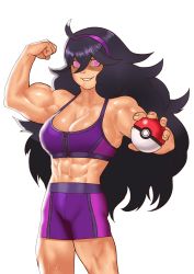 Rule 34 | 1girl, abs, absurdres, ahoge, alternate breast size, alternate costume, biceps, big hair, black hair, breasts, cessa, cleavage, commission, creatures (company), game freak, hair between eyes, hairband, hex maniac (pokemon), highres, holding, holding poke ball, large breasts, long hair, looking at viewer, muscular, muscular female, nintendo, parted lips, pink eyes, poke ball, poke ball (basic), pokemon, pokemon xy, purple hairband, purple shorts, purple sports bra, shadow, shorts, simple background, solo, sports bra, very long hair, white background