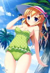 Rule 34 | 1girl, absurdres, artist name, bare shoulders, blonde hair, blue eyes, blue sky, blush, breasts, casual one-piece swimsuit, cloud, day, g.i.b. girls in black, green one-piece swimsuit, hair ornament, hairclip, hat, highres, nipples, one-piece swimsuit, otonashi sorami, palm tree, polka dot, polka dot swimsuit, ryoumoto ken, scan, sky, small breasts, smile, solo, strap slip, sun hat, sunlight, swimsuit, tree, wardrobe malfunction