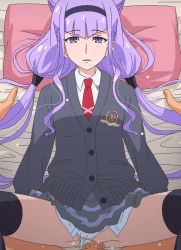 Rule 34 | 10s, 1boy, 1girl, bed, black thighhighs, blouse, censored, clothed sex, clothing aside, collared shirt, crotch seam, eyelashes, hair ornament, headband, hetero, hugtto! precure, indoors, light purple hair, long hair, long sleeves, looking at viewer, low twintails, lying, missionary, mosaic censoring, necktie, oekaki, on bed, open mouth, panties, panties aside, pillow, pov, pov crotch, precure, purple eyes, pussy juice, red neckwear, ruru amour, sex, shirt, skirt, solo focus, spread legs, sweatdrop, tears, thighhighs, tomu (tomubobu), twintails, underwear, vaginal, white panties, white shirt