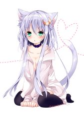 Rule 34 | 10s, 1girl, :o, animal ears, aqua eyes, artist name, bad id, bad pixiv id, between legs, blush, breasts, cat ears, cat tail, choker, cleavage, collarbone, crescent, crescent hair ornament, crescent pin, hair between eyes, hair ornament, hand between legs, heart, kantai collection, kemonomimi mode, long sleeves, looking at viewer, nanase nao, no bra, open clothes, open shirt, parted lips, purple hair, shirt, short hair with long locks, sidelocks, simple background, sitting, small breasts, solo, tail, thighhighs, wariza, white background, yayoi (kancolle), zettai ryouiki