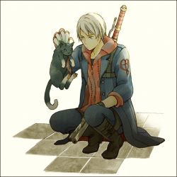 Rule 34 | 1boy, blue eyes, blue rose (gun), capcom, cat, claws, devil bringer, devil may cry (series), devil may cry 4, gun, handgun, lowres, male focus, nero (devil may cry), red queen (sword), revolver, solo, sword, weapon, white hair