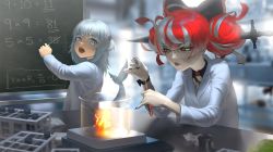 Rule 34 | beaker, black bow, blue eyes, blue hair, bow, bunsen burner, chalkboard, colored skin, double bun, gawr gura, grey hair, hair bow, hair bun, heterochromia, hololive, hololive english, hololive indonesia, huge bow, infi, kureiji ollie, lab coat, long hair, math, multicolored hair, multiple girls, open mouth, patchwork skin, pink hair, red bow, red eyes, red hair, science, stitched face, stitches, teeth, test tube, virtual youtuber, yellow eyes, zombie