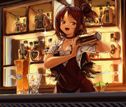 Rule 34 | 1girl, absurdres, alcohol, apron, bar (place), bartender, black apron, black choker, bottle, breasts, brown hair, choker, cleavage, clip studio paint (medium), cocktail shaker, collared shirt, commentary, counter, employee uniform, english commentary, eudetenis, fangs, fingernails, food, fruit, grey eyes, hair bun, highres, holding shaker, ice, ice cube, lime (fruit), lime slice, long hair, messy hair, original, shirt, short sleeves, single side bun, small breasts, solo, teeth, uniform, upper teeth only, whiskey