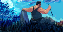 Rule 34 | 1boy, absurdres, bara, black hair, black tank top, blue sky, boots, from behind, grass, highres, holding, koto (32456033), male focus, midriff peek, muscular, muscular male, original, outstretched arms, painterly, pants, rock, short hair, sideburns, sketch, sky, solo, spread arms, sunglasses, tank top