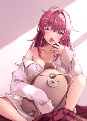 Rule 34 | 1girl, absurdres, blush, breasts, collarbone, commentary request, hair down, highres, hololive, houshou marine, large breasts, long hair, long sleeves, looking at viewer, mt mozuku, on bed, one eye closed, open mouth, pajamas, pink pajamas, red eyes, red hair, solo, stuffed animal, stuffed toy, teddy bear, virtual youtuber, waking up, yawning