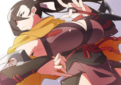 Rule 34 | 1girl, arm blade, breasts, brown eyes, brown hair, cape, cleavage, commission, cowboy shot, fire emblem, fire emblem fates, hair over one eye, holding, kagero (fire emblem), kagura roku, kunai, large breasts, leather strap, long hair, ninja, nintendo, ponytail, scarf, simple background, skeb commission, solo, weapon, yellow cape, yellow scarf