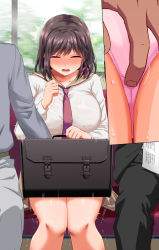 Rule 34 | 1girl, 2boys, ^^^, ^ ^, aneshiko, bag, blush, braid, breasts, breath, briefcase, brown hair, brown sailor collar, brown skirt, cameltoe, chikan, clenched hands, clitoral stimulation, close-up, closed eyes, collarbone, fingering, fingering through clothes, hair ribbon, hand up, hetero, highres, holding, holding bag, indoors, knees together feet apart, large breasts, long sleeves, miniskirt, multiple boys, multiple views, necktie, nose blush, open mouth, original, panties, pink panties, pink ribbon, pleated skirt, red necktie, ribbon, sailor collar, school bag, school briefcase, school uniform, seat, serafuku, shiny clothes, shirt, short hair, sidelocks, single braid, sitting, skirt, solo focus, straight-on, sweat, teeth, through clothes, train interior, trembling, underwear, white shirt, window