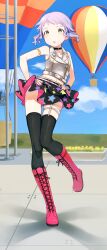 Rule 34 | :o, aircraft, armlet, black choker, black skirt, black thighhighs, blue sky, boots, buttons, choker, cloud, commentary request, day, flat chest, full body, grass, hands on own hips, hot air balloon, idolmaster, idolmaster million live!, knee boots, legs, looking at viewer, makabe mizuki, mimizubare, miniskirt, nail polish, navel, outdoors, pink footwear, pink nails, purple hair, short hair, sidelocks, skirt, sky, standing, standing on one leg, star (symbol), star print, thigh strap, thighhighs, thighs, upskirt, vest, wavy hair, white vest, yellow eyes