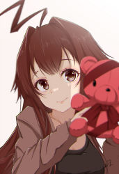 Rule 34 | 1girl, ahoge, artist name, bad id, bad pixiv id, blush, brown eyes, brown hair, brown jacket, closed mouth, hair between eyes, holding, holding stuffed toy, huge ahoge, jacket, kantai collection, kuma (kancolle), long hair, long sleeves, neve (morris-minicooper), official alternate costume, open clothes, open jacket, signature, simple background, smile, solo, stuffed animal, stuffed toy, teddy bear, white background