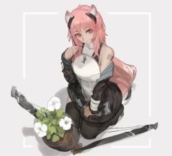 Rule 34 | 1girl, ahoge, animal ear fluff, animal ears, arknights, armor, barcode, barcode tattoo, breasts, earpiece, flower, gravel (arknights), guardless sword, hair between eyes, headgear, highres, hood, hoodie, long hair, looking at viewer, partial bodysuit, pink hair, plant, potted plant, red eyes, shoes, simple background, sin9, sleeveless, smile, solo, tail, tattoo, thighhighs, weapon, zipper