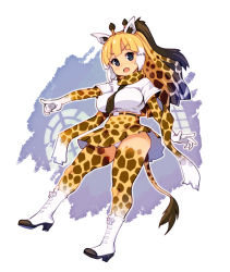 Rule 34 | 10s, :o, animal ears, animal print, arm up, blonde hair, boots, breasts, full body, giraffe ears, giraffe print, giraffe tail, gloves, high-waist skirt, kemono friends, large breasts, long hair, multicolored hair, necktie, open mouth, panties, pleated skirt, pointing, ponytail, reticulated giraffe (kemono friends), ryoji (nomura ryouji), scarf, skirt, solo, tail, thighhighs, two-tone hair, underwear, v-shaped eyebrows, white hair, white panties