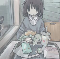 Rule 34 | 1girl, absurdres, apple pie, black eyes, black hair, blue sweater, brand name imitation, burger, chicken nuggets, collar, cup, drink, fast food, food, gudon udon, highres, holding, holding food, indoors, mcdonald&#039;s, original, pie, restaurant, shirt, short hair, solo, sweater, tray, wcdonald&#039;s, white collar, white shirt, window