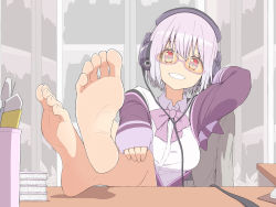 Rule 34 | 10s, 1girl, barefoot, feet, female focus, foot focus, glasses, gridman universe, grin, hand on own knee, headphones, highres, light purple hair, looking at viewer, pov, red eyes, salpin, shinjou akane, smile, soles, solo, ssss.gridman, table, toes