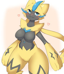 Rule 34 | 1girl, :3, animal ears, animal hands, blue eyes, blush, breasts, cat ears, claws, closed mouth, collarbone, creatures (company), denyfake, female focus, furry, furry female, game freak, gen 7 pokemon, gluteal fold, happy, heart, highres, large breasts, legendary pokemon, looking at viewer, mythical pokemon, nintendo, no nipples, no pussy, nose blush, personification, pokemon, pokemon (creature), simple background, smile, solo, standing, tail, thick thighs, thighs, whiskers, wide hips, zeraora
